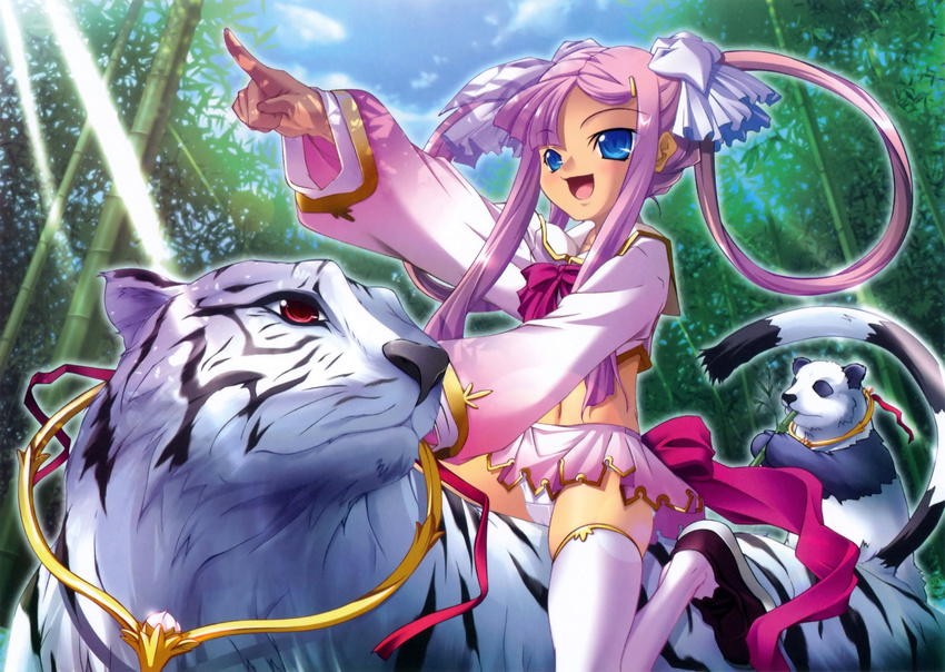 absurdres blue_eyes day eating female forest hair_ornament hairclip highres hikage_eiji koihime_musou long_hair midriff miniskirt nature navel outdoors panda panties pantyshot photoshop_(medium) pink_hair red_eyes ribbon riding scan sitting skirt smile solo sonshoukou thighhighs tiger twintails underwear