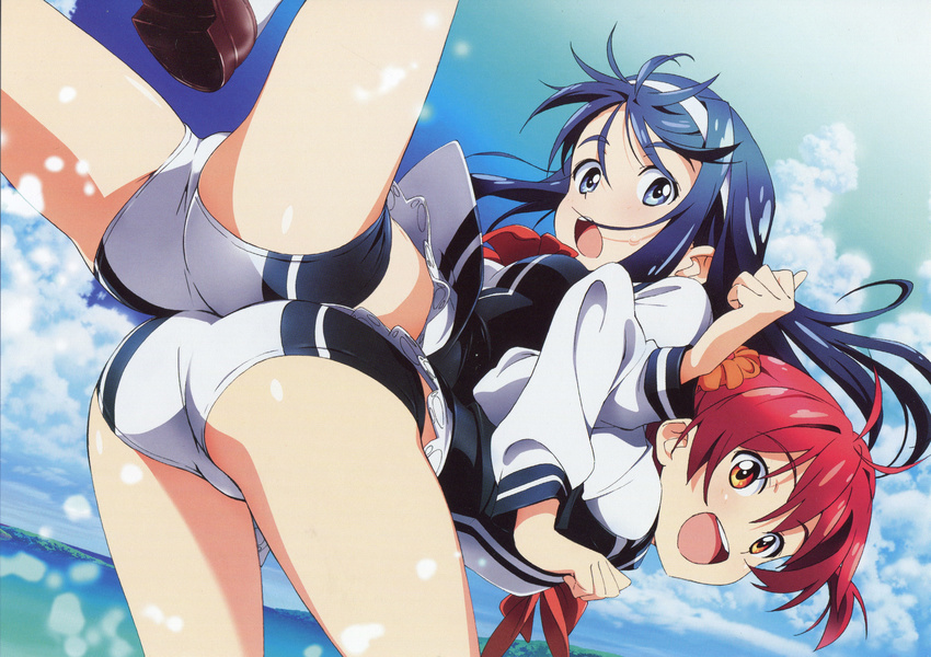 2girls absurdres ass ass-to-ass assisted_stretching back-to-back bent_over blue_eyes blue_hair bow brown_eyes from_behind futaba_aoi_(vividred_operation) hairband highres isshiki_akane lifting_person locked_arms long_hair looking_back multiple_girls national_shin_ooshima_school_uniform open_mouth red_hair scan school_uniform short_hair short_shorts shorts smile split_mouth spread_legs tanaka_yuusuke vividred_operation