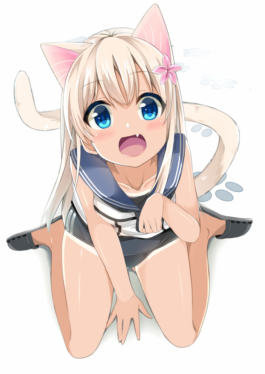 animal_ears blonde_hair blue_eyes cacao_(chocolat) cat_ears cat_tail commentary_request crop_top female flower from_above hair_flower hair_ornament highres kantai_collection kemonomimi_mode long_hair oerba_yun_fang open_mouth paw_pose ro-500_(kancolle) smile solo swimsuit tail