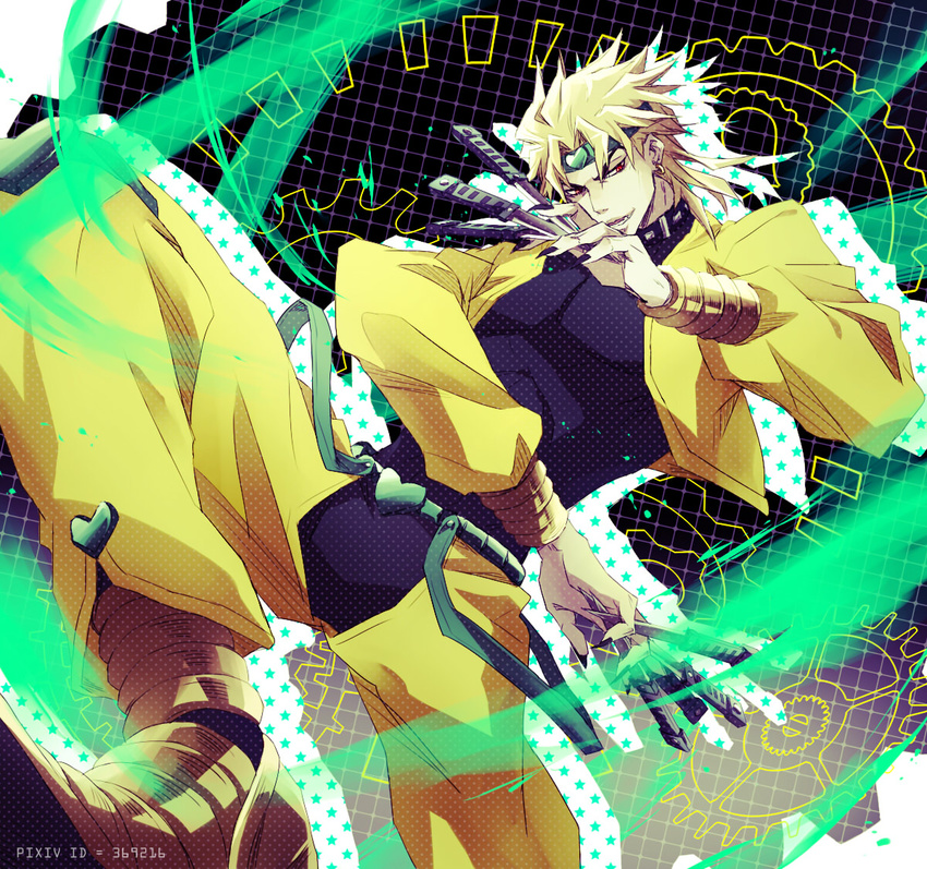 1boy ankai_(rappelzankai) blonde_hair commentary_request dio_brando jojo_no_kimyou_na_bouken knife male_focus md5_mismatch red_eyes sleeveless_turtleneck_leotard solo stardust_crusaders