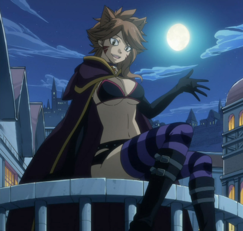 animal_ears breasts brown_hair cape cat_ears cloud fairy_tail female millianna moon navel night screencap sitting solo stitched