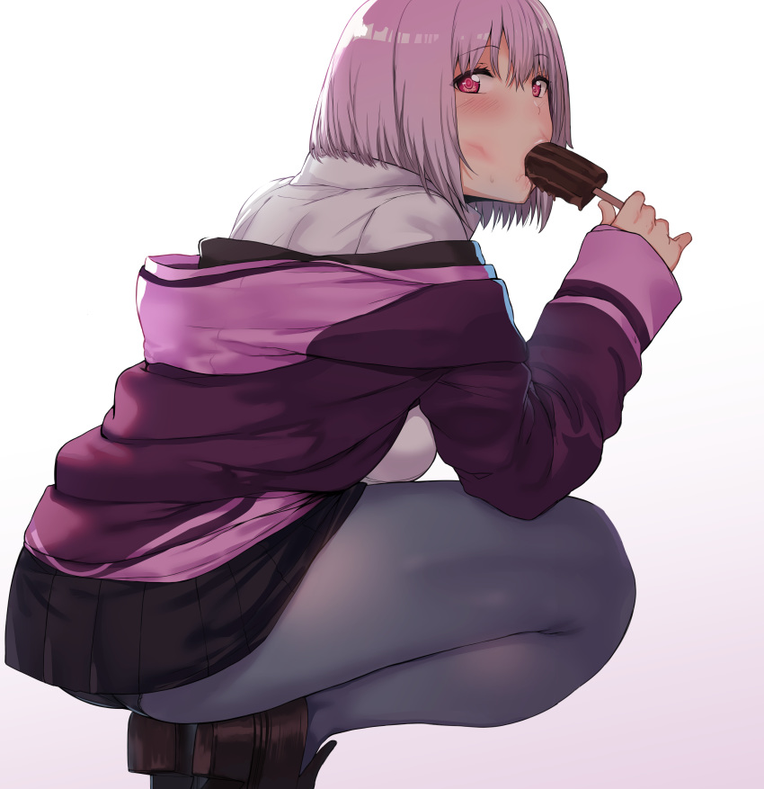 :>= absurdres black_panties blush bow breasts brown_footwear collared_shirt fellatio female food food_in_mouth from_behind from_side grey_pantyhose gridman_universe hews highres holding holding_food jacket large_breasts light_purple_hair loafers long_sleeves looking_at_viewer looking_back off_shoulder oral paid_reward panties panties_under_pantyhose pantyhose patreon_reward pleated_skirt popsicle popsicle_in_mouth purple_jacket red_eyes school_uniform sexually_suggestive shinjou_akane shirt shoes short_hair simulated_fellatio skirt solo squatting ssss.gridman tareme underwear white_shirt