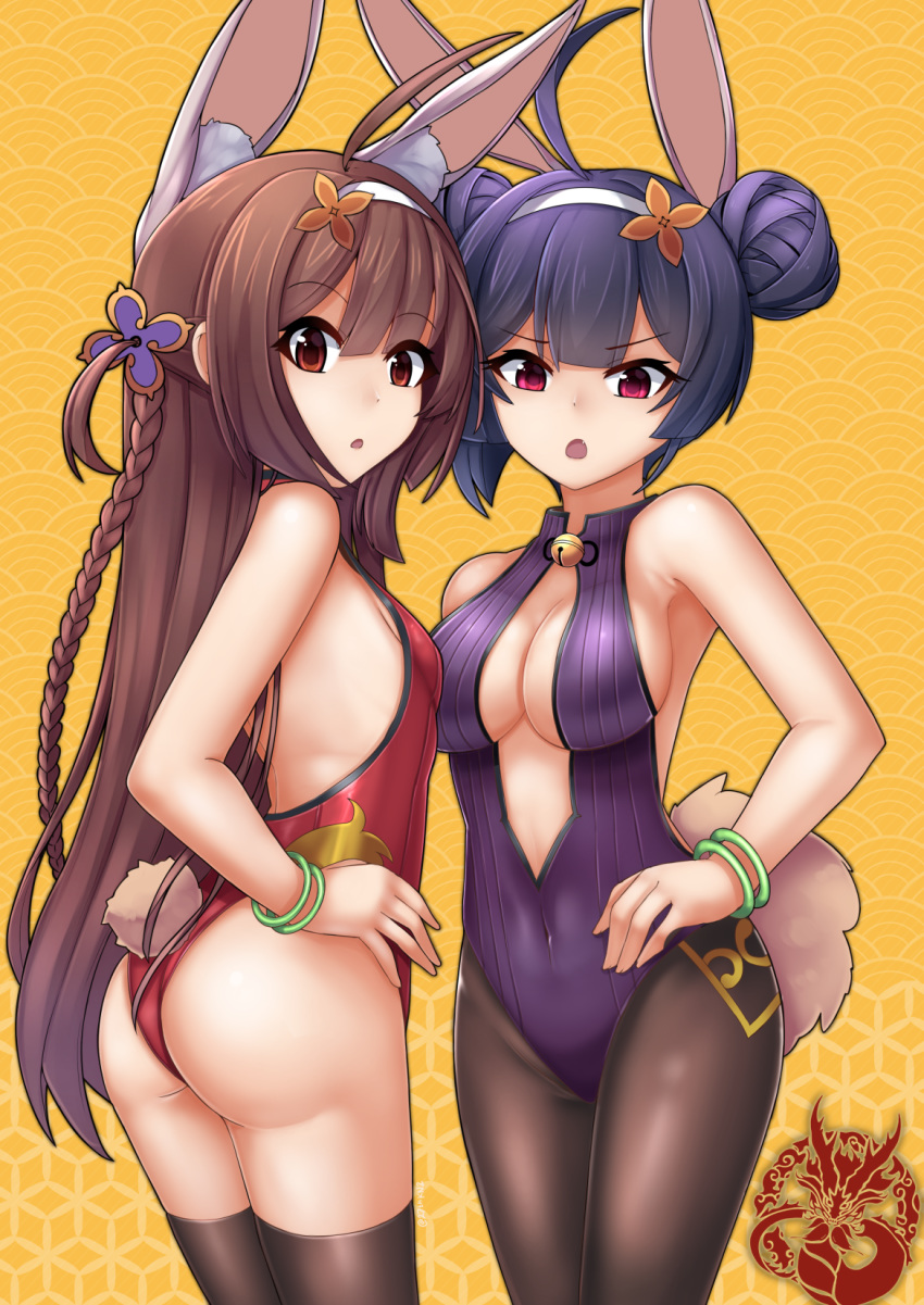 2girls :o ahoge animal_ear_fluff animal_ears ass azur_lane backless_leotard backless_outfit bangle bare_shoulders blush bracelet braid breasts brown_flower brown_hair brown_pantyhose brown_thighhighs cleavage commentary covered_navel double_bun fingernails flower hair_between_eyes hair_bun hair_flower hair_ornament hairband highres jewelry kemonomimi_mode kuronekozero leotard long_hair looking_at_viewer medium_breasts multiple_girls ning_hai_(azur_lane) ning_hai_(moon_palace_rabbit)_(azur_lane) oerba_yun_fang official_alternate_costume open_mouth pantyhose parted_lips ping_hai_(azur_lane) ping_hai_(osmanthus_moon_rabbit)_(azur_lane) playboy_bunny purple_hair purple_leotard rabbit_ears rabbit_girl rabbit_tail red_eyes red_leotard seigaiha single_braid single_side_bun small_breasts tail thighhighs very_long_hair white_hairband