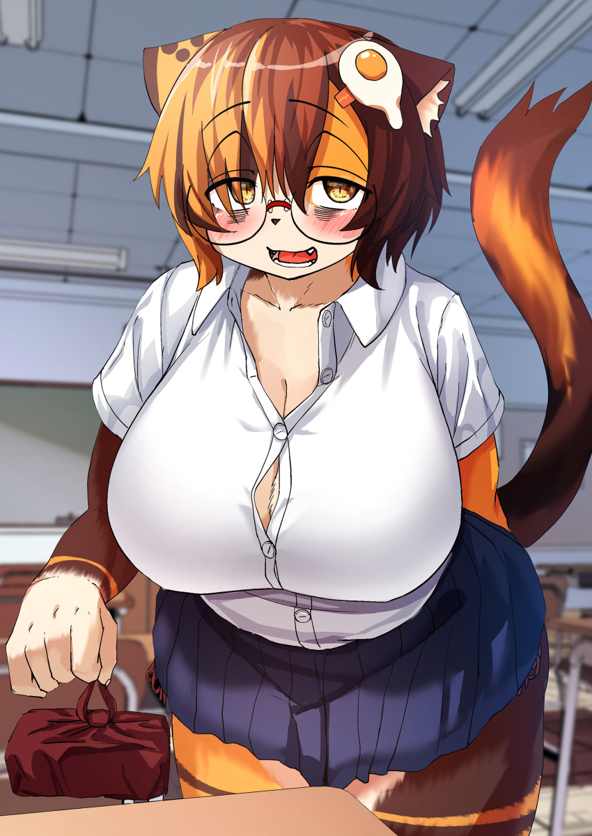 2022 absurd_res accessory anthro asian_clothing big_breasts blush bottomwear breasts brown_body brown_fur brown_hair calico_cat classroom cleavage clothed clothing digital_media_(artwork) domestic_cat east_asian_clothing eyewear felid feline felis female female_anthro fur glasses hair hair_accessory hi_res huge_breasts japanese_clothing japanese_school_uniform kagarimachi_ame kemono leaning leaning_forward looking_at_viewer mammal multicolored_body multicolored_fur multicolored_hair multicolored_tail nekotsuki_kohime open_mouth orange_body orange_fur orange_hair school school_uniform short_hair skirt solo tail tongue uniform wearing_glasses white_body white_fur