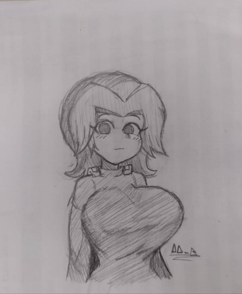 1girls big_breasts dodo-bot female female_only looking_at_viewer mii mii_gunner mii_gunner_(smash_4) mob_face monochrome nintendo short_hair sketch solo super_smash_bros. super_smash_bros._for_nintendo_3ds_and_wii_u tagme