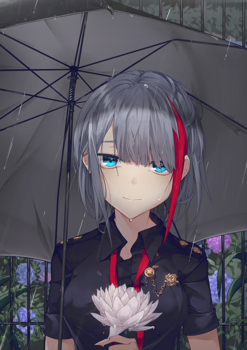 absurdres admiral_graf_spee_(azur_lane) admiral_graf_spee_(girl's_sunday)_(azur_lane) azur_lane bags_under_eyes black_shirt breasts closed_mouth collared_shirt commentary female flower grey_hair hair_over_eyes head_tilt highres holding holding_flower holding_umbrella hydrangea jitome looking_at_viewer lotus medium_breasts multicolored_hair necktie official_alternate_costume outdoors page'as rain red_hair red_necktie shirt short_hair short_sleeves sidelocks smile solo streaked_hair umbrella untied water water_drop white_flower