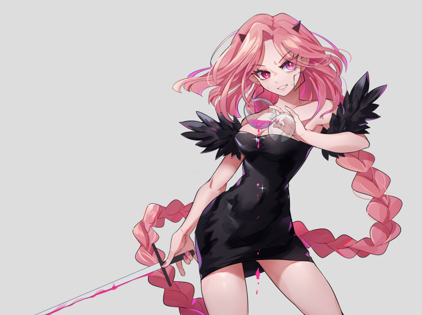 bare_shoulders black_dress blood breasts collarbone commentary dress female heterochromia highres holding holding_sword holding_weapon horns kalmia_(shama) kilmer_(vocaloid) laon long_braid long_hair looking_at_viewer medium_breasts pink_blood pink_eyes pink_hair purple_eyes solo strapless strapless_dress sword very_long_hair weapon