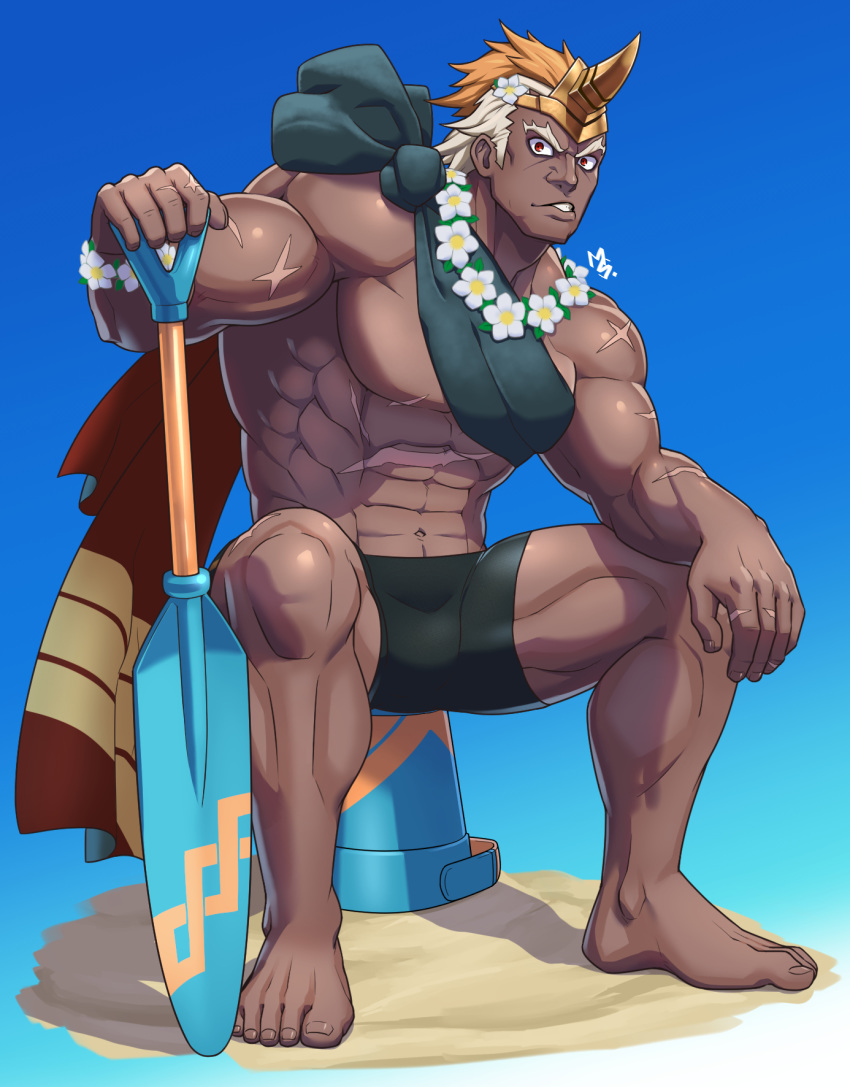 1boy abs alternate_costume bara beach dark-skinned_male dark_skin fire_emblem fire_emblem_heroes flower_wreath full_body helbindi_(fire_emblem) helbindi_(summer)_(fire_emblem) highres horns male_focus male_swimwear multicolored_hair muscular muscular_male musou_luf navel official_alternate_costume orange_hair pectorals red_eyes sand scar short_hair single_horn sitting solo summer swim_trunks swimsuit thick_thighs thighs two-tone_hair white_hair