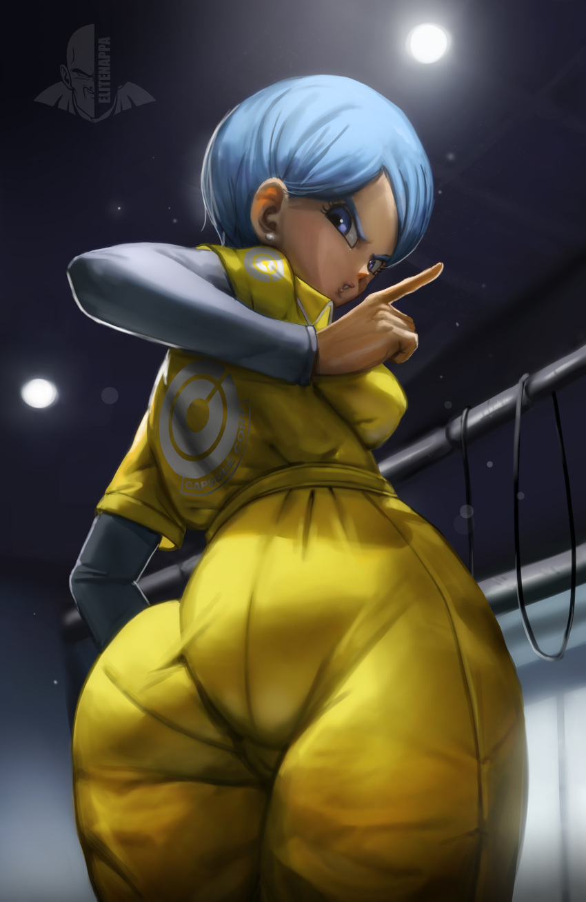 absurdres angry ass black_shirt blue_eyes blue_hair breasts bulma_briefs commentary dragon_ball dragon_ball_super dragon_ball_super_super_hero elite_nappa english_commentary female from_behind from_below highres index_finger_raised indoors jumpsuit long_sleeves looking_at_viewer looking_back shirt short_hair solo yellow_jumpsuit