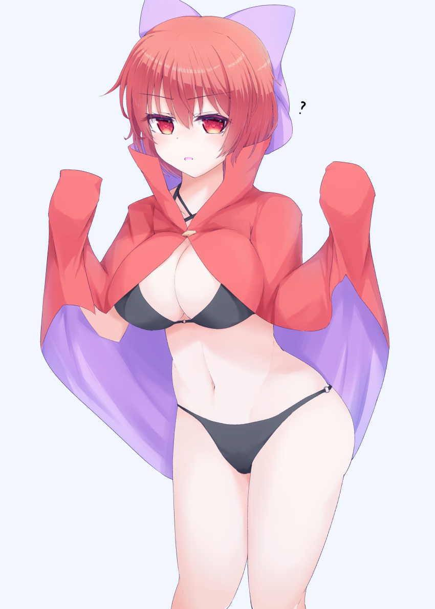 ? absurdres bikini black_bikini bow breasts cleavage cloak commentary_request donnon08 female grey_background hairbow highres large_breasts looking_at_viewer navel open_mouth purple_bow red_eyes red_hair sekibanki short_hair simple_background solo standing swimsuit touhou