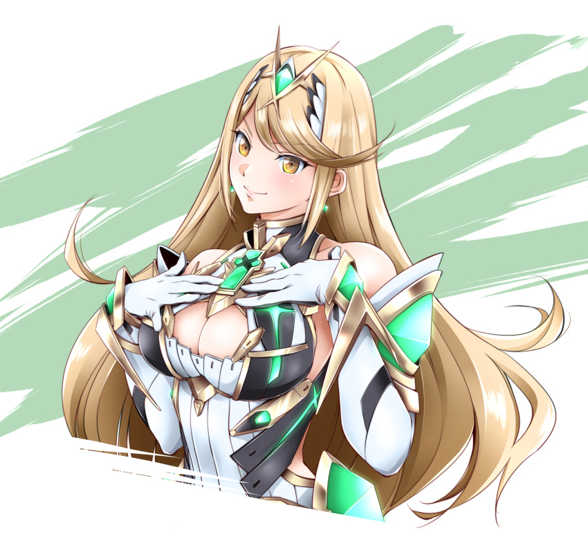 blonde_hair breasts circlet cleavage cleavage_cutout closed_mouth clothing_cutout commentary dress earrings elbow_gloves female gloves highres jewelry long_hair mythra_(xenoblade) myukom smile solo swept_bangs upper_body white_background white_dress white_gloves xenoblade_chronicles_(series) xenoblade_chronicles_2 yellow_eyes