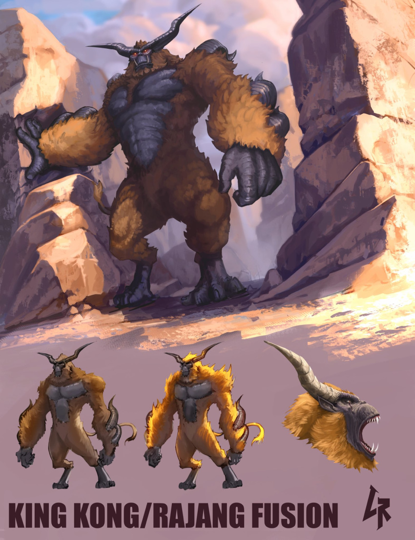 animal ape blonde_hair body_fur charge_blade chipyray claws commentary crossover electricity english_commentary enraged_rajang fangs fusion giant giant_male glowing gorilla highres horns insect_glaive jaw kaijuu king_kong king_kong_(series) kong:_skull_island looking_at_viewer male_focus monkey monster monster_hunter:_world monster_hunter_(series) monsterverse muscular muscular_male open_mouth oversized_animal rajang red_eyes sharp_teeth sky spiked_helmet standing tail teeth