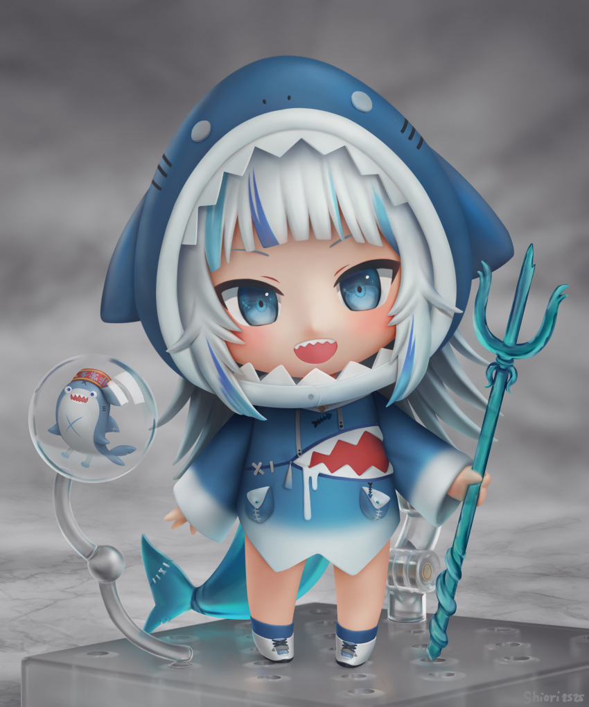 absurdres animal_costume animal_hood bloop_(gawr_gura) blue_eyes blue_hair blue_hoodie blunt_bangs chibi faux_figurine female figure fins fish_skeleton fish_tail full_body gawr_gura gawr_gura_(1st_costume) grey_hair highres hololive hololive_english hood hoodie medium_hair multicolored_hair nendoroid photorealistic polearm realistic shark shark_costume shark_girl shark_hood shark_print shark_tail sharp_teeth shiori2525 shoes sleeves_past_wrists sneakers streaked_hair tail teeth toy trident two_side_up virtual_youtuber weapon white_footwear wide_sleeves