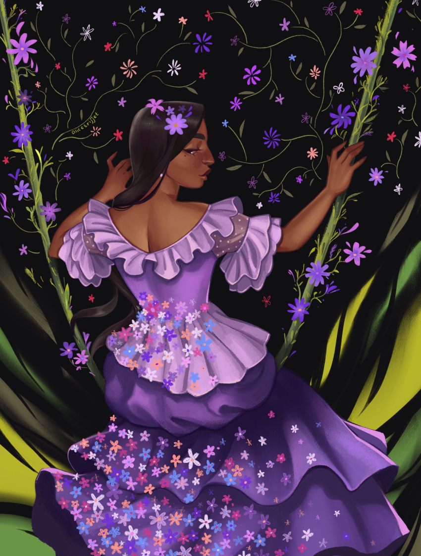 alicetrijjet black_hair commentary dark-skinned_female dark_skin dress encanto english_commentary female flower frilled_sleeves frills hair_flower hair_ornament highres isabela_madrigal long_hair mole mole_under_eye purple_dress purple_flower smile solo thick_eyebrows