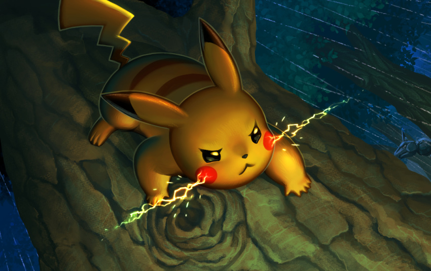 :< black_eyes closed_mouth commentary_request electricity facing_down glowing kagelow night no_humans onix outdoors pikachu pokemon pokemon_(creature) rain solo_focus striped tail tree