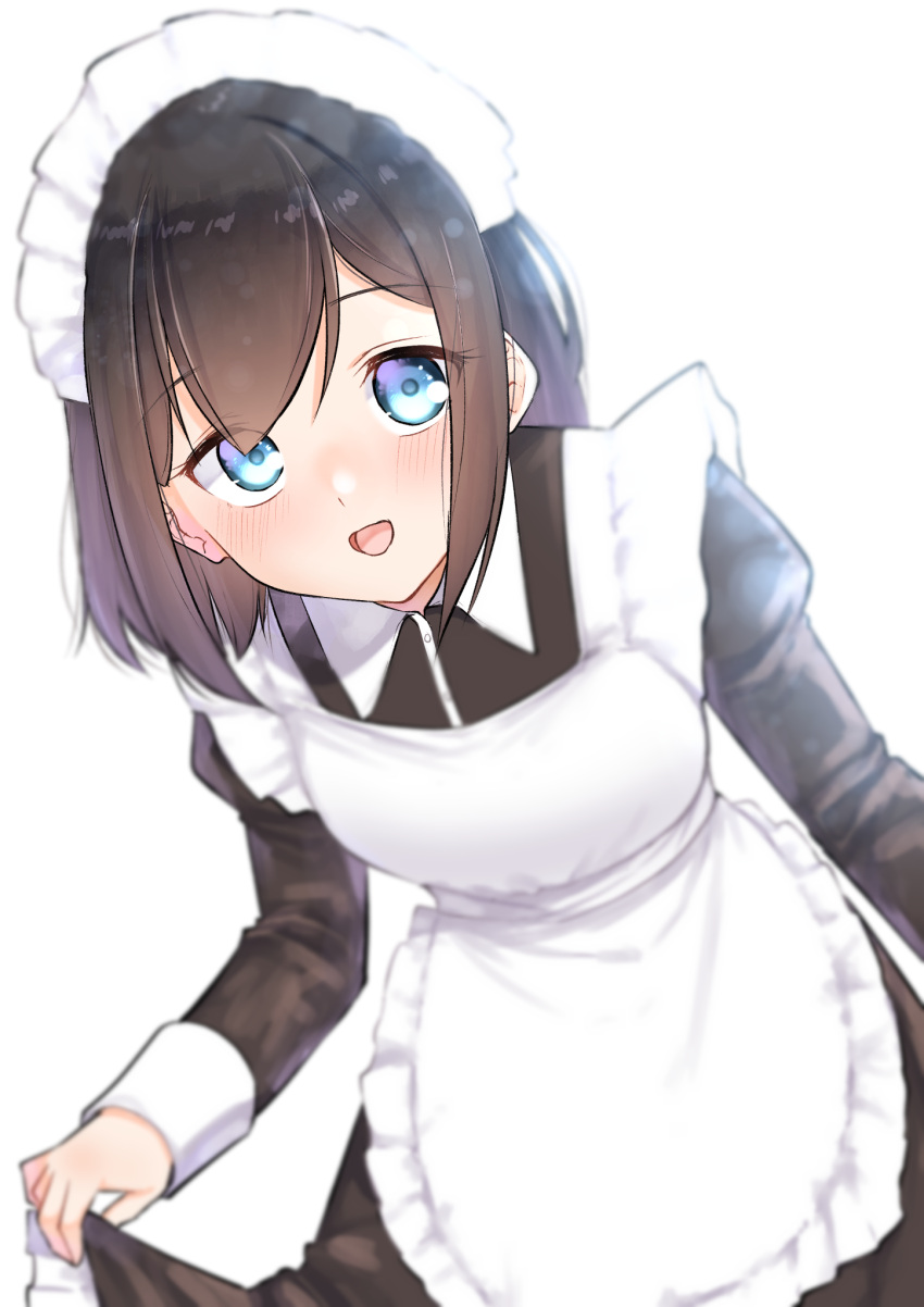 :d apron backlighting black_dress black_hair blue_eyes blush collared_dress commentary_request dress female frilled_apron frills highres juliet_sleeves leaning_to_the_side long_sleeves looking_at_viewer maid maid_apron maid_headdress original puffy_sleeves simple_background skirt_hold smile solo suzunari_shizuku white_apron white_background yuki_arare