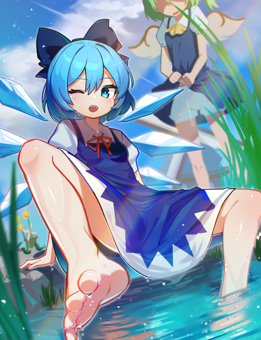 2girls ;d absurdres bare_legs barefoot bloomers blue_bow blue_dress blue_eyes blurry blurry_foreground bongnom bow breasts cirno commentary_request daiyousei dandelion day dress dutch_angle fairy_wings feet flower foot_focus grass hair_between_eyes hairbow highres ice ice_wings knee_up legs looking_at_viewer multiple_girls one_eye_closed open_mouth outdoors perspective puffy_short_sleeves puffy_sleeves short_sleeves sky small_breasts smile soaking_feet soles solo_focus spread_legs spread_toes toes touhou underwear wings yellow_flower