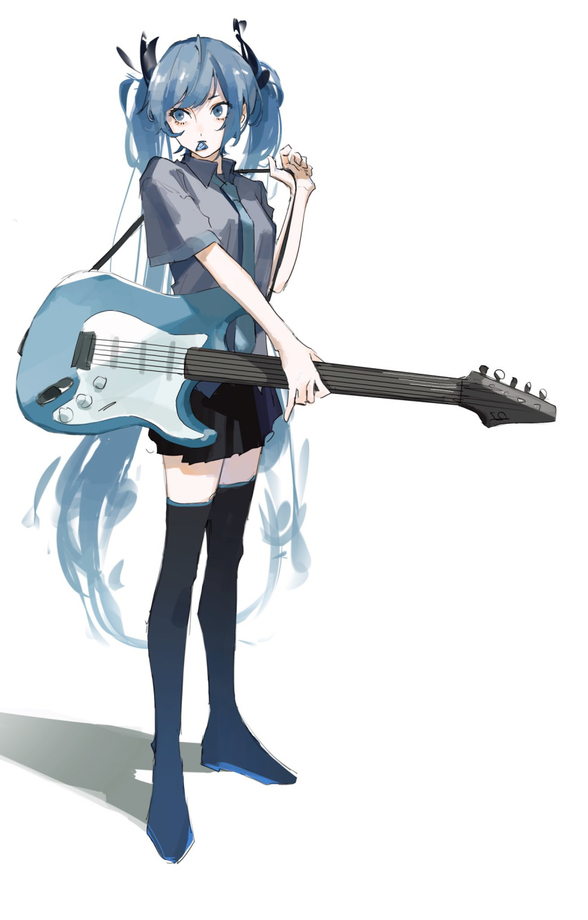 black_ribbon black_skirt black_thighhighs blue_eyes blue_hair blue_necktie boots collared_shirt commentary_request electric_guitar female fender_stratocaster full_body grey_shirt guitar hair_ribbon hand_up hatsune_miku highres holding holding_instrument instrument ligton1225 long_hair looking_away necktie pleated_skirt plectrum plectrum_in_mouth ribbon shadow shirt short_sleeves shoulder_strap simple_background skirt solo standing thigh_boots thighhighs twintails vocaloid white_background zettai_ryouiki