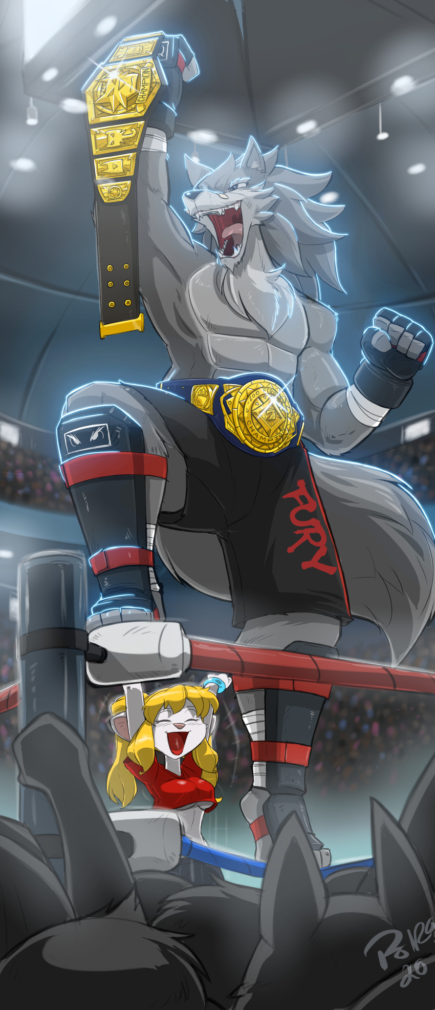 2020 3_toes 5_fingers abs absurd_res anthro belt blonde_hair blush canid canine canis championship_belt chest_tuft closed_eyes clothed clothing detailed_background digital_media_(artwork) eyebrows eyelashes fangs feet female fighting_ring fingerless_gloves fingers fist fur gloves grey_body grey_fur group hair handwear hi_res holding_object inside long_hair male mammal mma muscular muscular_male open_mouth shirt shonuff shred_(shonuff) smile standing teeth toes tongue topless topwear tuft white_body white_fur wolf