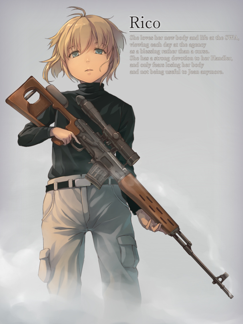 ahoge androgynous belt belt_buckle black_belt black_sweater blonde_hair blue_eyes buckle cargo_pants character_name commentary dragunov_svd english_text feet_out_of_frame female floating_hair fog foge grey_background grey_pants gun gunslinger_girl highres holding holding_gun holding_weapon lolicon long_sleeves looking_at_viewer pants parted_lips rico_(gunslinger_girl) rifle shirt_tucked_in short_hair smoke smoking_barrel sniper_rifle solo standing sweater turtleneck weapon