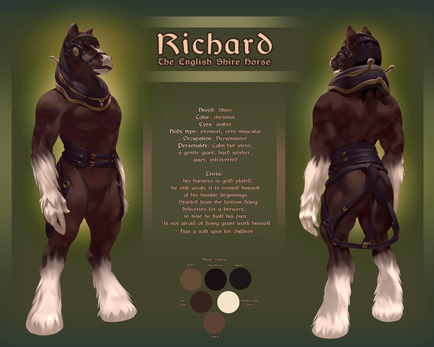 2018 amber_eyes anthro ass black_mane brown_body brown_skin draft_horse english_text equid equine fur green_background harness hooves horse male mammal mane model_sheet muscular muscular_anthro muscular_male shire simple_background solo text thepimpartist traditional_media_(artwork) white_body white_fur