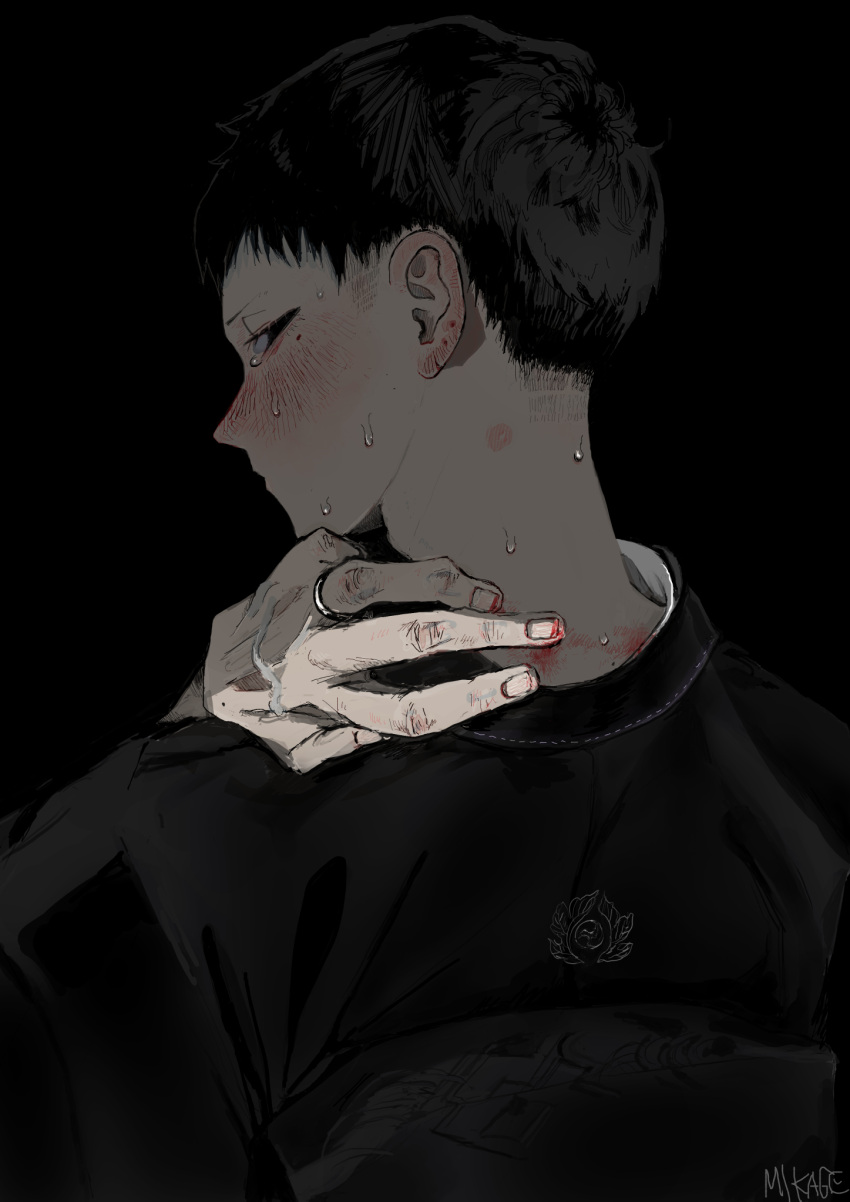 1boy artist_name bad_id bad_twitter_id black_background black_hair black_kimono blood blood_on_hands blush bug_bite crossdressing ear_blush embarrassed eyelashes from_behind half-closed_eyes hand_on_own_neck hand_up hickey highres japanese_clothes jewelry kimono logo looking_at_viewer looking_back male_focus mikage_(yokyour18g) mole mole_on_neck mole_under_eye nape obi original profile ring sash short_hair sideways_glance simple_background solo sweat upper_body veins