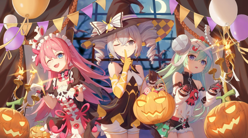 3girls asymmetrical_gloves bad_source balloon black_gloves blue_eyes blue_hair bronya_zaychik bronya_zaychik_(snowy_sniper) candle closed_eyes curtains drill_hair earrings finger_to_mouth gloves grey_eyes grey_hair halloween halloween_costume hat homu_(honkai_impact) honkai_(series) honkai_impact_3rd indoors jewelry latioss liliya_olenyeva long_sleeves looking_at_viewer mismatched_gloves moon multiple_girls night night_sky one_eye_closed open_mouth photoshop_(medium) pink_hair pumpkin rozaliya_olenyeva shirt siblings sky twin_drills twins white_gloves white_shirt window witch witch_hat yellow_gloves