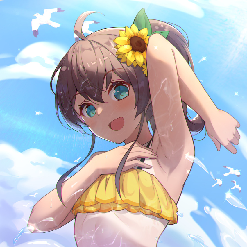 :d ahoge aqua_eyes arm_up armpit_focus armpits bare_arms bare_shoulders bikini bird blue_sky blush cloud commentary_request day female flower hair_flower hair_ornament highres hololive layered_bikini lens_flare long_hair looking_at_viewer muji_(majunduo) natsuiro_matsuri natsuiro_matsuri_(hololive_summer_2019) one-piece_tan open_mouth outdoors ponytail presenting_armpit sidelocks sky smile solo spread_armpit sunflower sunflower_hair_ornament swimsuit tan tanlines upper_body virtual_youtuber water_drop yellow_bikini yellow_flower