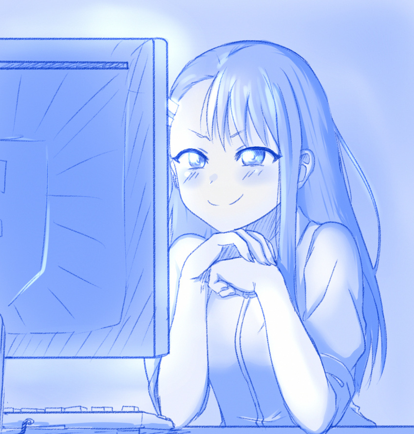 asymmetrical_bangs at_computer black_hair blue_theme blush closed_mouth computer_keyboard earclip female hair_ornament hairclip hands_up highres ijiranaide_nagatoro-san long_hair monitor monochrome nagatoro_hayase own_hands_together screen_light smile smug solo upper_body viperxtr