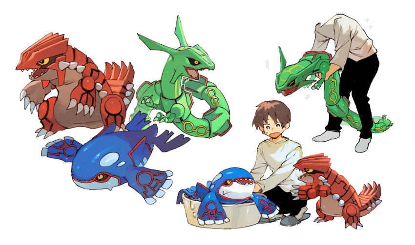 1boy alternate_size black_pants brown_hair commentary_request grey_legwear groudon holding holding_pokemon kyogre long_sleeves looking_down male_focus newo_(shinra-p) open_mouth pants pokemon pokemon_(creature) rayquaza shirt short_hair socks sweatdrop washtub white_background