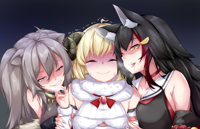 3girls animal_ears biting black_hair blonde_hair chinese_commentary commentary_request drooling false_smile finger_biting fingernails gloom_(expression) grey_hair highres holding_another's_wrist hololive horns implied_yuri licking licking_finger lion_ears long_hair multiple_girls nervous_smile ookami_mio ookami_mio_(1st_costume) saliva shaded_face sharp_fingernails sheep_horns shishiro_botan shishiro_botan_(1st_costume) smile sweatdrop tearing_up trembling tsunomaki_watame tsunomaki_watame_(1st_costume) virtual_youtuber wolf_ears you_gonna_get_eaten you_gonna_get_raped zuo_wei_er