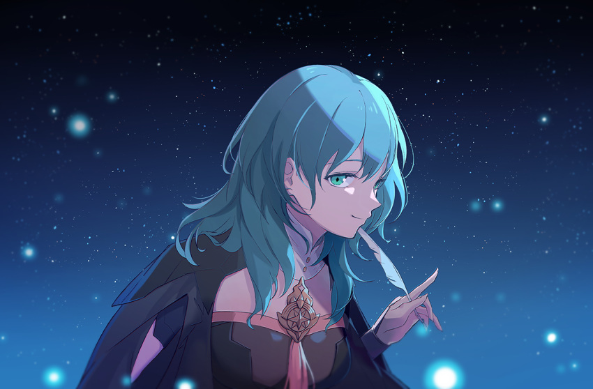 23@5 armor blue_eyes blue_hair byleth_(female)_(fire_emblem) byleth_(fire_emblem) closed_mouth commentary english_commentary feathers female fire_emblem fire_emblem:_three_houses holding night night_sky sky solo upper_body