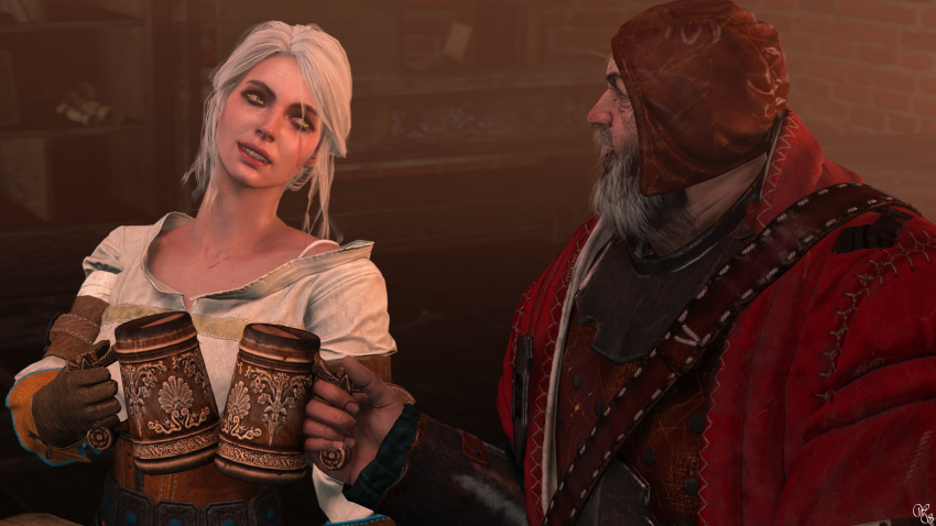 1boy 1girls 3d age_difference beer cd_projekt_red ciri clothed drinking highres mug older_male phillip_strenger sfm story the_witcher the_witcher_(series) the_witcher_3:_wild_hunt weebstank