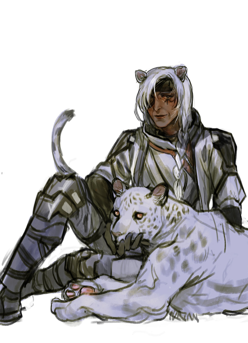 absurdres alternate_costume ana_(overwatch) animal animal_ears commentary_request dark-skinned_female dark_skin eyepatch facial_mark facial_tattoo female highres korean_commentary leopard long_hair looking_at_viewer muehe overwatch overwatch_1 solo tattoo white_hair