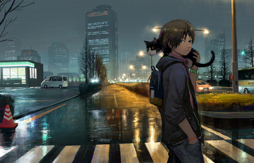 1boy animal animal_on_shoulder backpack bad_id bad_pixiv_id bag blue_pants bracelet brown_hair building bush city commentary convenience_store crosswalk denim feline from_side green_eyes grey_sky highres hood hooded_jacket jacket jeans jewelry lamppost light looking_at_viewer male_focus motor_vehicle night night_sky original outdoors pants road shop sky skyscraper sleeve_rolled_up solo standing street tomiya_(tomiya2117) traffic_cone tree van vanishing_point walking wet