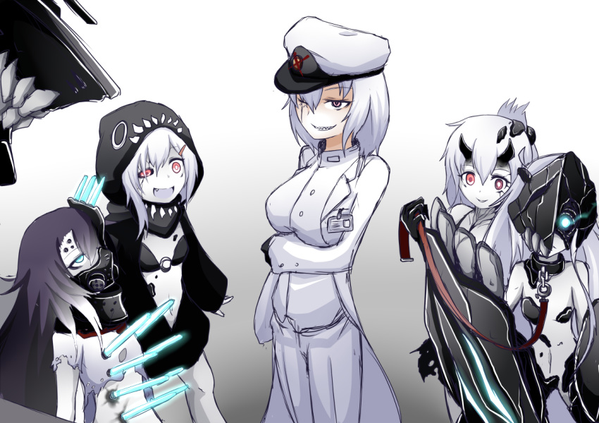 5girls abyssal_ship akatsuki_(kancolle) arm_grab bikini black_bikini black_hair blue_eyes breasts commentary_request cosplay crossed_out dark_persona evil_smile female_abyssal_admiral_(kancolle) female_admiral_(kancolle) folded_ponytail gas_mask hat hibiki_(kancolle) horns ikazuchi_(kancolle) inazuma_(kancolle) kantai_collection leash long_hair mask military_hat monster multiple_girls name_tag o-ring o-ring_top ogawa_shou open_mouth pale_skin re-class_battleship re-class_battleship_(cosplay) red_eyes scar school_uniform serafuku smile swimsuit tail teeth white_background white_hair