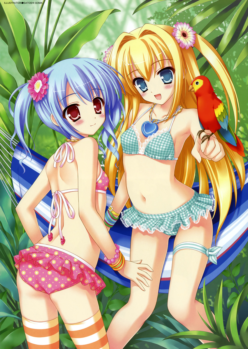 2girls absurdres bikini bird blonde_hair blue_eyes blue_hair blush bracelet checkered checkered_bikini dengeki_moeou fixed flower frilled_bikini frills goma_satoshi hair_flower hair_ornament hammock heart highres hips jewelry lace-trimmed_bikini legs long_hair mizugi multiple_girls navel open_mouth original parrot pendant print_bikini red_eyes scan smile striped striped_legwear swimsuit thighhighs twintails