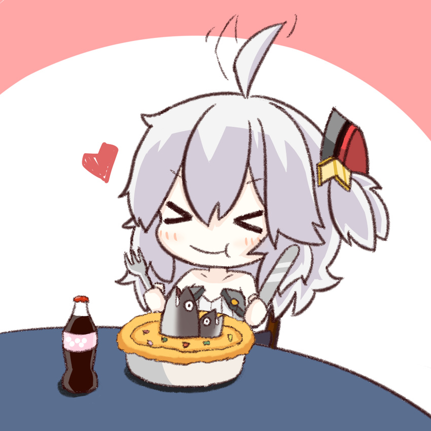 >_< :t ahoge ahoge_wag azur_lane bare_shoulders blush bottle chair chibi cola collarbone commentary_request dress eating expressive_hair female food fork grey_hair hair_between_eyes hair_ornament heart holding holding_fork holding_knife knife long_hair off_shoulder pie soda_bottle solo stargazy_pie strapless strapless_dress striped_clothes striped_dress table tarebin tube_dress universal_bulin_(azur_lane) vertical-striped_clothes vertical-striped_dress white_dress