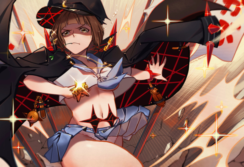 brass_knuckles brown_hair commentary_request crescent crescent_moon_pin crop_top epaulettes frown hat jacket_on_shoulders kill_la_kill mankanshoku_mako marchab_66 midriff mouth_hold navel neckerchief outstretched_arm panties pantyshot pantyshot_(standing) peaked_cap pleated_skirt skirt solo sparkle standing star underwear weapon white_panties