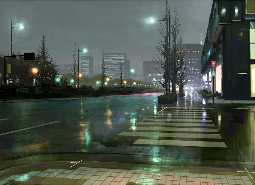 bad_id bad_pixiv_id bare_tree building cityscape commentary crosswalk highres lamppost night no_humans original outdoors rain road scenery sidewalk sign street tomiya_(tomiya2117) tree wet window