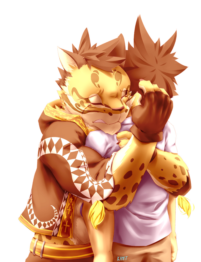 2017 absurd_res anthro bodily_fluids clothed clothing clouded_leopard comforting countershading crying duo felid hi_res hug human kawot likulau male mammal nekojishi pantherine simple_background studio_klondike tears tian-liao_lin white_background