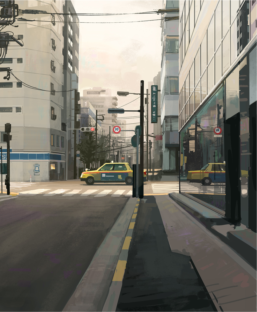 bad_id bad_pixiv_id building car commentary_request crosswalk door highres lamppost motor_vehicle no_humans original outdoors power_lines reflection road scenery sidewalk sign speed_limit_sign street taxi tomiya_(tomiya2117) traffic traffic_light window