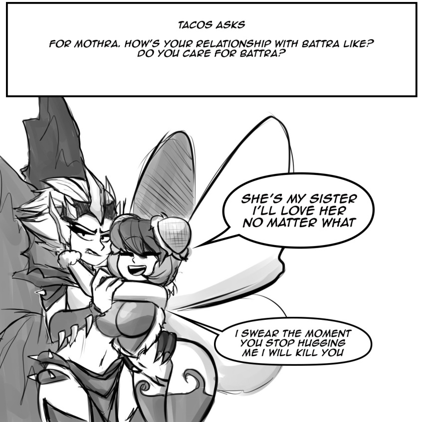 all_fours alternate_species animal_humanoid arthropod arthropod_humanoid ass battra big_breasts bottomwear breasts clothing dialogue dr._pizza_boi duo english_text female godzilla_(series) greyscale hi_res humanoid humanoidized insect_humanoid insects kaiju kaiju_girls_(webcomic) loincloth monochrome mothra mothra_(series) rule_63 sibling_(lore) sister_(lore) sisters_(lore) speech_bubble text toho