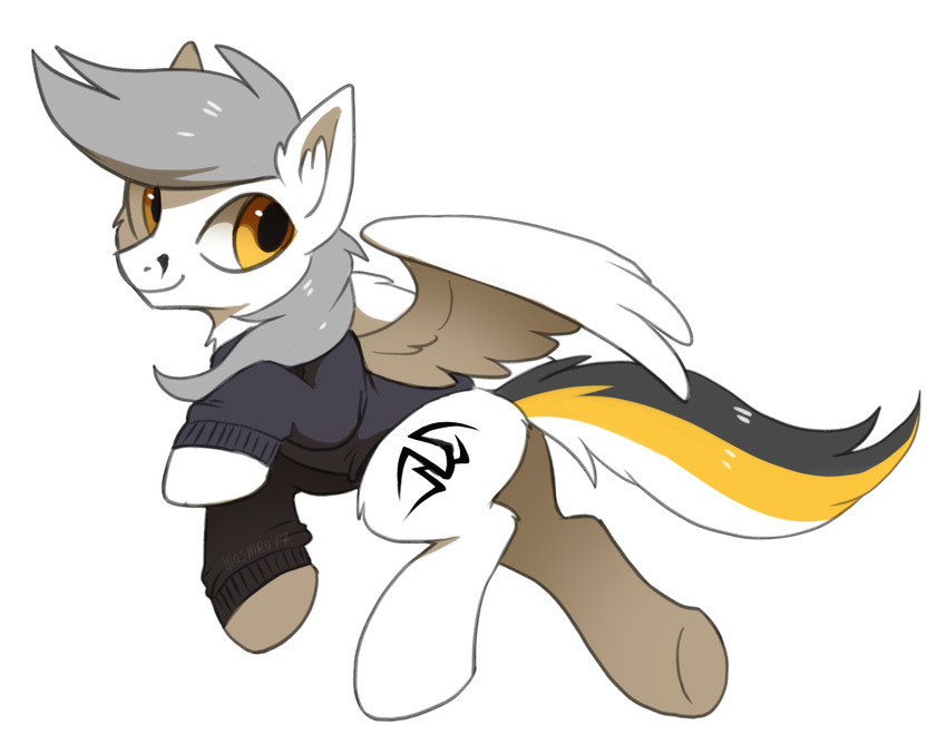 2017 clothed clothing cutie_mark equid equine fan_character feathered_wings feathers feral grey_hair hair hasbro hioshiru hooves kej_(kejifox) male mammal my_little_pony mythological_creature mythological_equine mythology pegasus simple_background smile solo white_background white_body white_feathers wings yellow_eyes