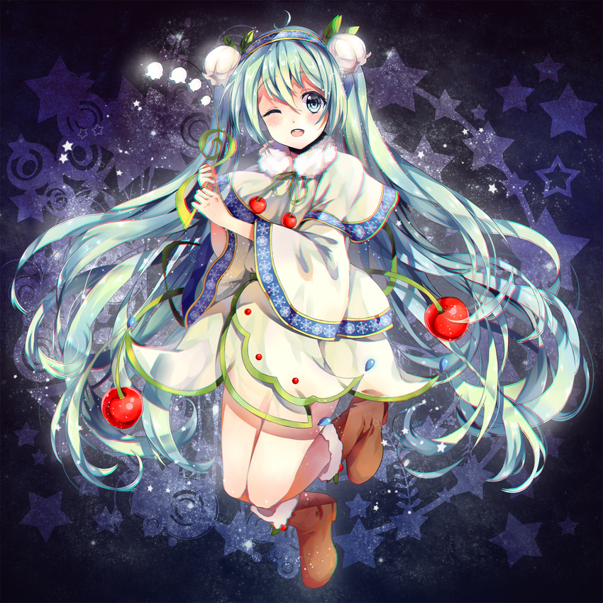 ;d aqua_eyes aqua_hair boots brown_footwear commentary_request dress female floral_dress flower food fruit fur_boots glowing_flower hair_flower hair_ornament hatsune_miku highres holding holding_flower lily_of_the_valley long_hair one_eye_closed open_mouth photoshop_(medium) rowan smile solo teka twintails very_long_hair vocaloid white_dress white_flower yuki_miku yuki_miku_(2015)