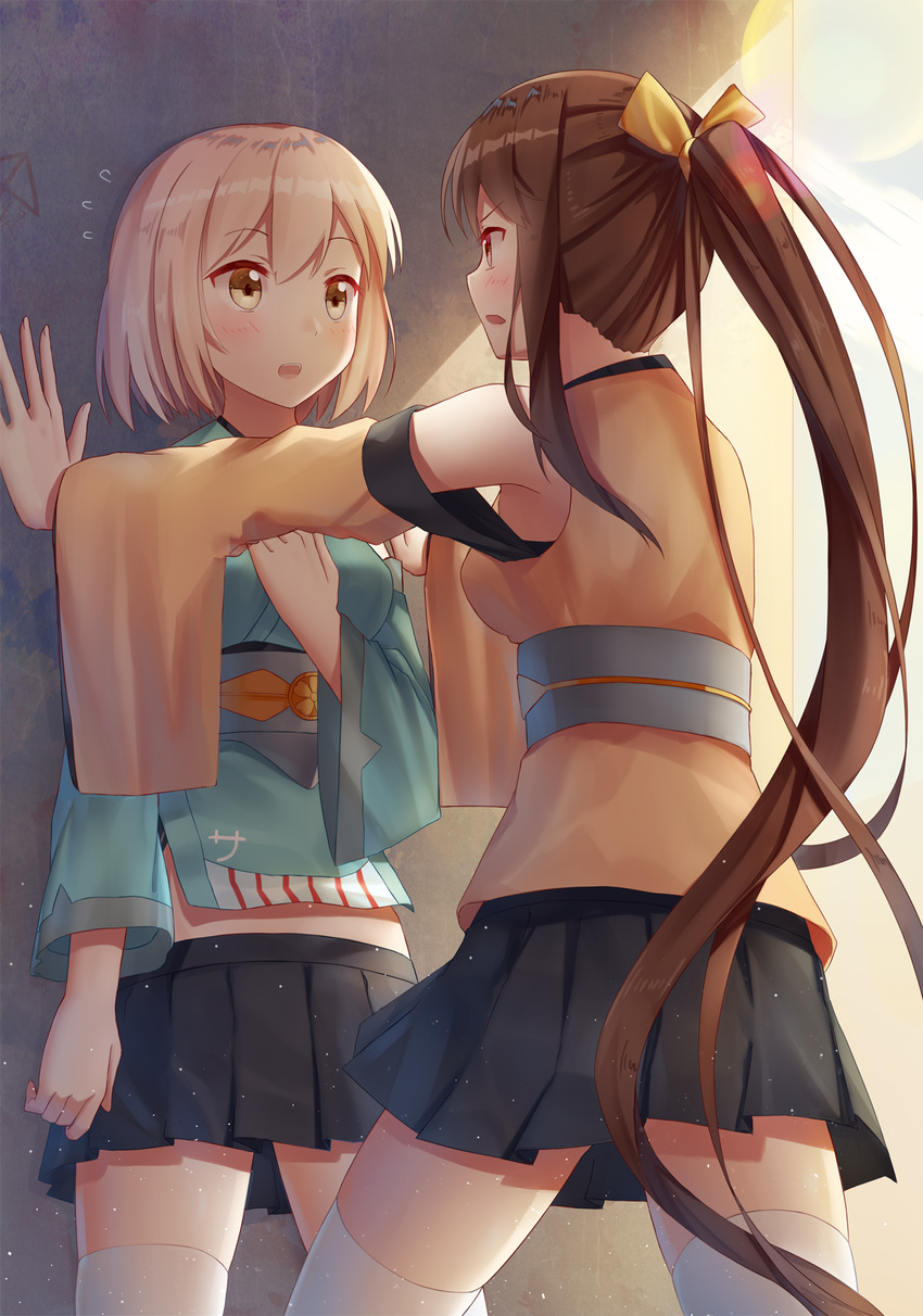 2girls arm_at_side black_skirt blush bow brown_eyes brown_hair chinese_commentary commentary_request detached_sleeves eye_contact hairbow highres hiryuu_(warship_girls_r) ji_dao_ji kabedon long_hair looking_at_another multiple_girls open_mouth ponytail short_hair skirt souryuu_(warship_girls_r) standing thighhighs warship_girls_r white_hair white_legwear wide_sleeves yellow_bow