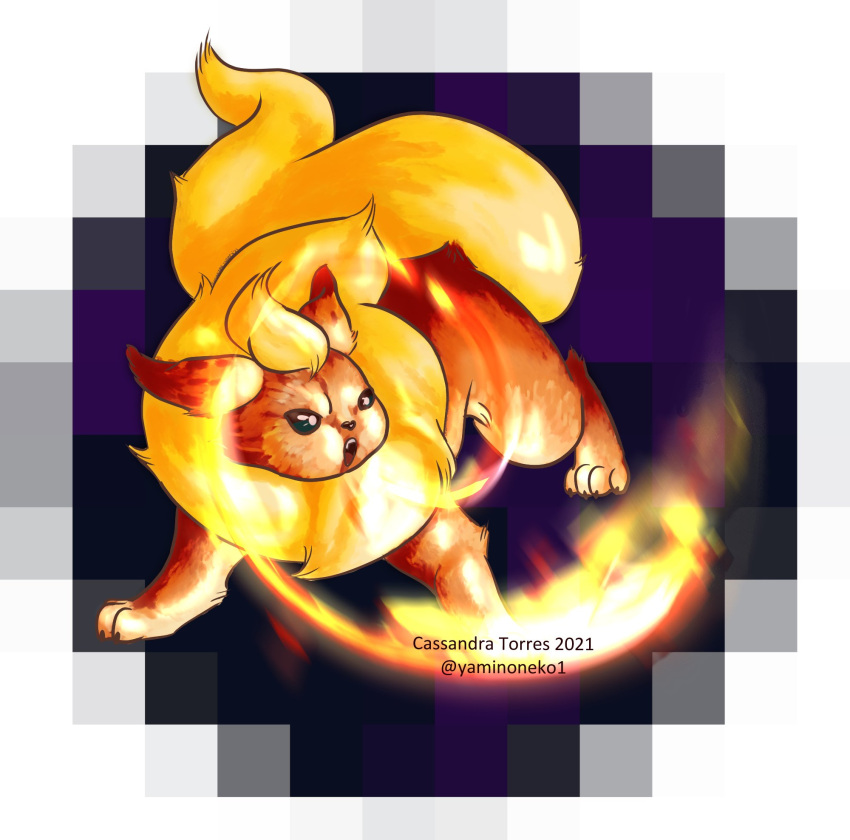 2021 4_toes ambiguous_gender artist_name big_tail black_eyes black_nose blonde_hair breath_powers brown_claws chest_fur claws colored digital_drawing_(artwork) digital_media_(artwork) eeveelution elemental_manipulation feet feral fire fire_breathing fire_manipulation flareon fluffy fluffy_tail fur game_freak generation_1_pokemon hair hi_res light lighting multicolored_body multicolored_fur nintendo open_mouth orange_body orange_fur paws pokemon pokemon_(species) quadruped shaded simple_background solo tail text toe_claws toes yaminoneko yellow_body yellow_fur yellow_tail