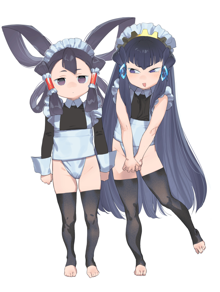 2girls alternate_costume apron black_eyes black_hair black_thighhighs commentary_request enmaided expressionless full_body hair_rings highres kokorowa-hime long_hair looking_at_viewer maid maid_headdress mizura multiple_girls sakuna-hime simple_background smile soosaresu stirrup_legwear tensui_no_sakuna-hime thighhighs toeless_legwear toes white_background