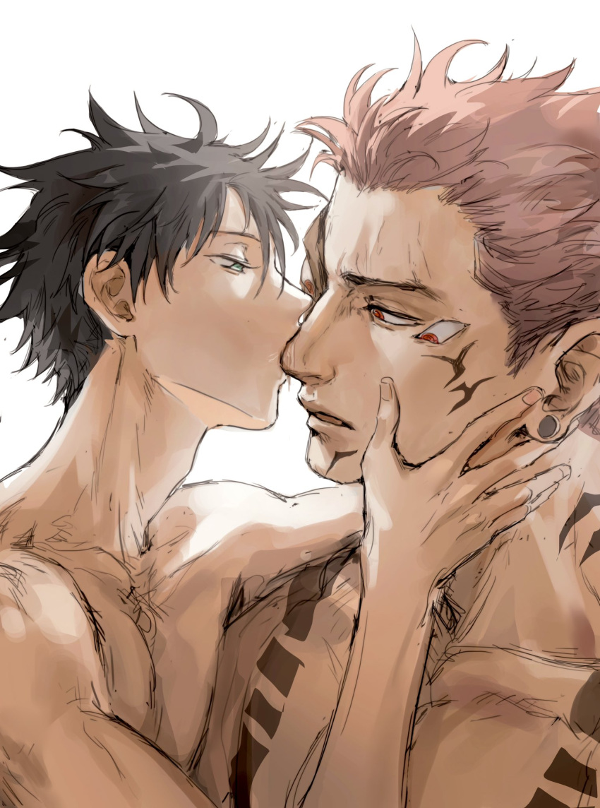 2boys black_hair chest_tattoo collarbone couple extra_eyes facial_tattoo fushiguro_megumi green_eyes hand_on_another's_face highres implied_nudity jujutsu_kaisen kissing kissing_nose looking_at_another male_focus mixed-language_commentary multiple_boys muscular muscular_male parted_lips pectorals pink_hair red_eyes ryoumen_sukuna_(jujutsu_kaisen) short_hair size_difference spiked_hair tattoo woshihedawei yaoi