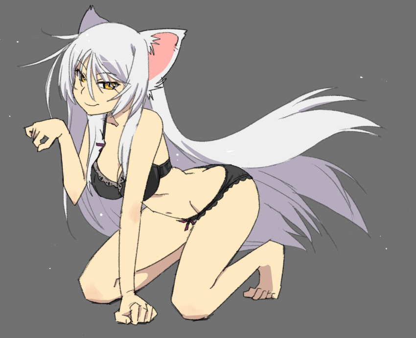 all_fours animal_ears bakeneko barefoot black_bra black_hanekawa black_panties bow bow_bra bow_panties bra breasts cat_ears cat_girl closed_mouth commentary_request female full_body grey_background hair_between_eyes hanekawa_tsubasa highres itoma_mahimahi large_breasts lingerie long_hair looking_at_viewer monogatari_(series) nekomonogatari panties paw_pose smile solo thighs underwear underwear_only very_long_hair white_hair yellow_eyes